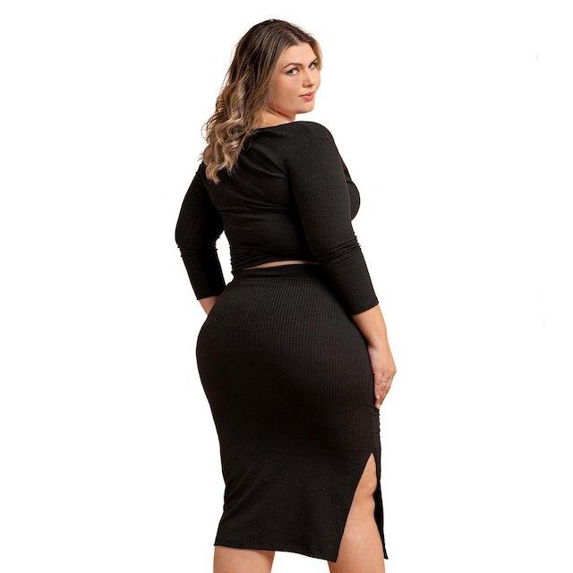Conjunto Feminino Plus Size Transpassada Cropped Envelope Saia Midi Fenda