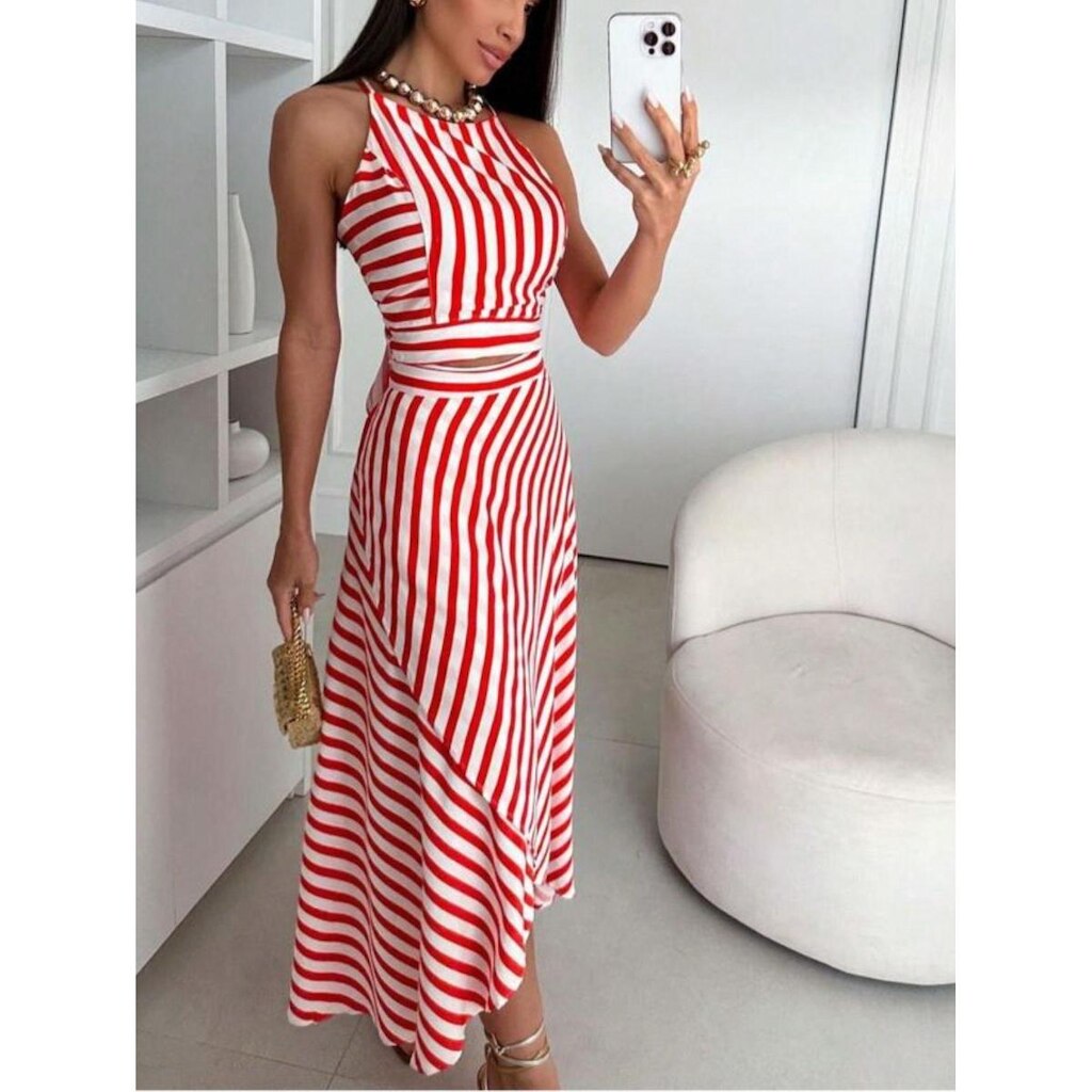 CONJUNTO FEMININO SAIA MIDI ENVELOPE E TOP CROPPED REGATA ALCINHA LISTRADO