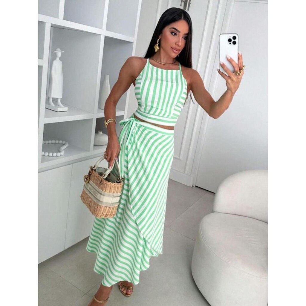 CONJUNTO FEMININO SAIA MIDI ENVELOPE E TOP CROPPED REGATA ALCINHA LISTRADO