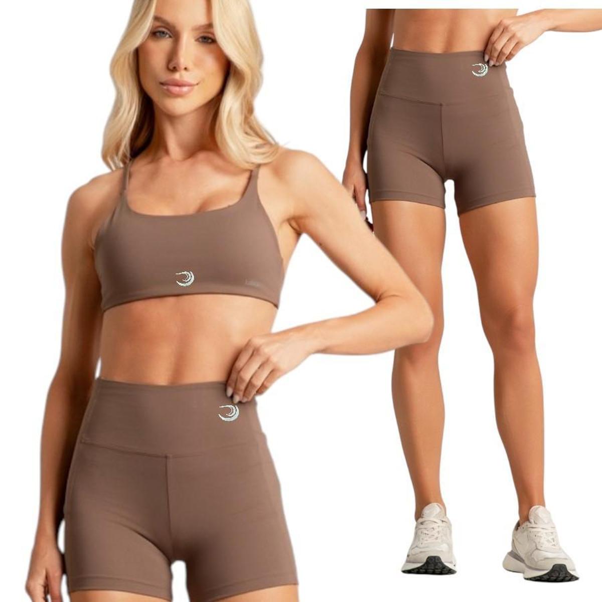 Conjunto Feminino Top Costas Nua + Shorts Curto Poliamida Summer Pro Marrom