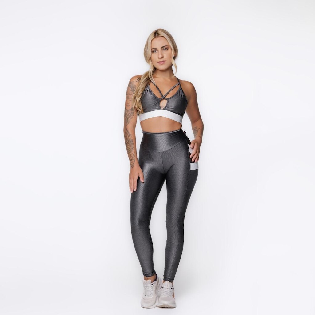Conjunto Fitness Calça Legging Bolso E Top Tiras Bojo Poliamida