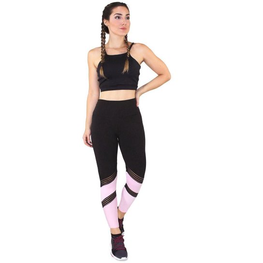 Conjunto Fitness Cropped + Calça Fitness Feminino - Preto+Rosa Menor preço em Conjunto Fitness Cropped + Calça Fitness Feminino - Preto+Rosa