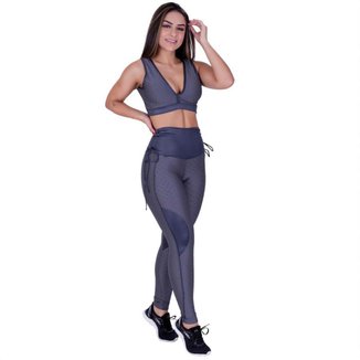 Conjunto Fitness Feminino Legging e Top Bojo Textura Relevo e Detalhe Cirrê Orbis - Azul Petrólio