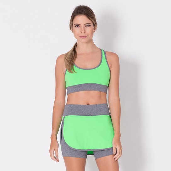 Conjunto Fitness Go Fit Rio Short/Saia e Top - Cinza+Verde