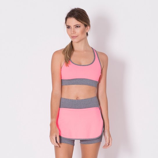 Conjunto Fitness Go Fit Rio Short/Saia e Top - Cinza+Rosa