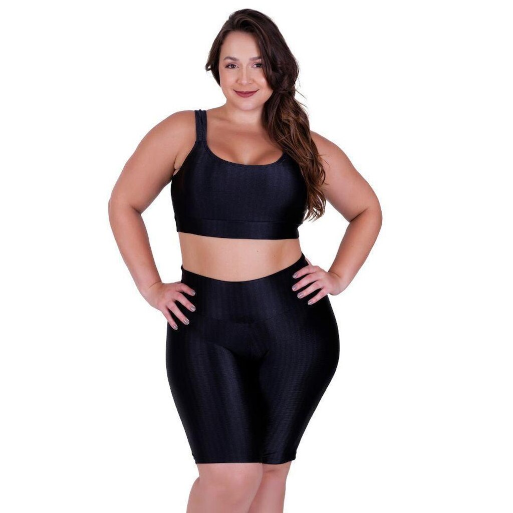 Conjunto Fitness Plus Size Top com Bojo Removível e Bermuda Cintura Alta 3D Bruna