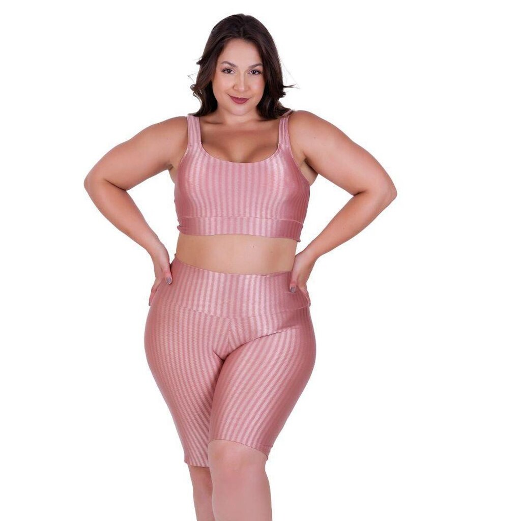 Conjunto Fitness Plus Size Top com Bojo Removível e Bermuda Cintura Alta 3D Bruna