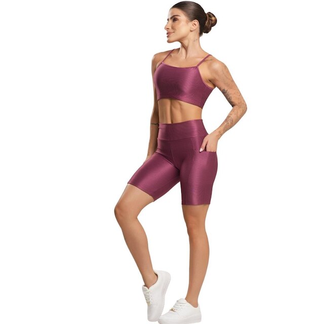 Conjunto Fitness Top e Bermuda Com Bolso Serra e Mar Roupa Para Academia Treino Feminina Musculação