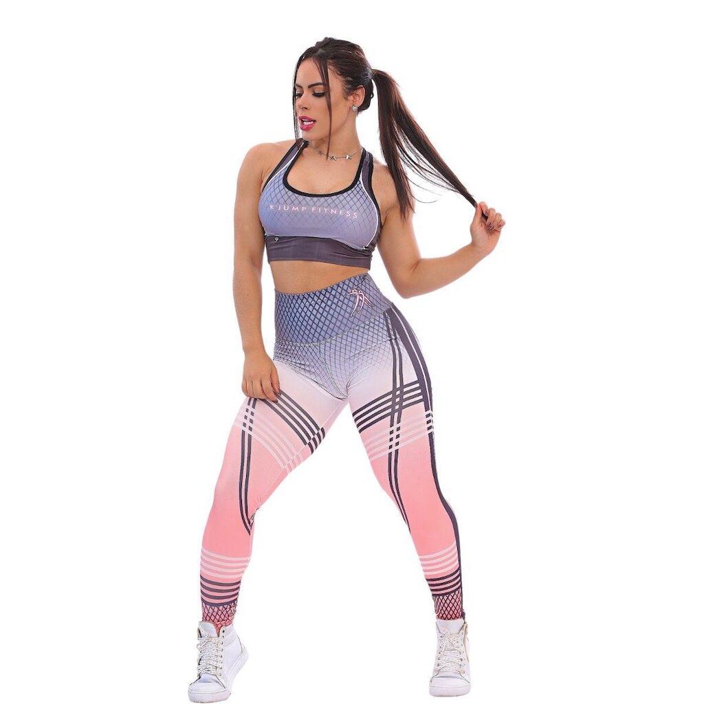 Conjunto Fitness Top e Calça Sports Tons de Rosa e Roxo Tecido Premium Trainning Top