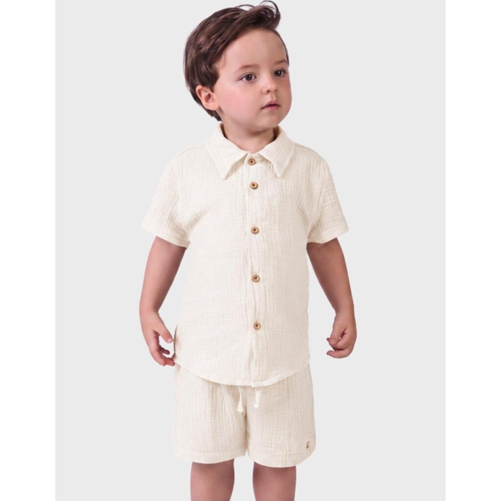 Conjunto Gola Polo Verão Moda Tecido Luxo Gaze Algodão Com Bermuda Confortável Menino 1 a 3