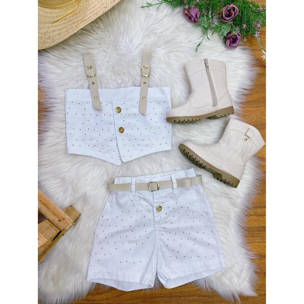 Conjunto Infantil Blusa e Short Sarja Branco Casual