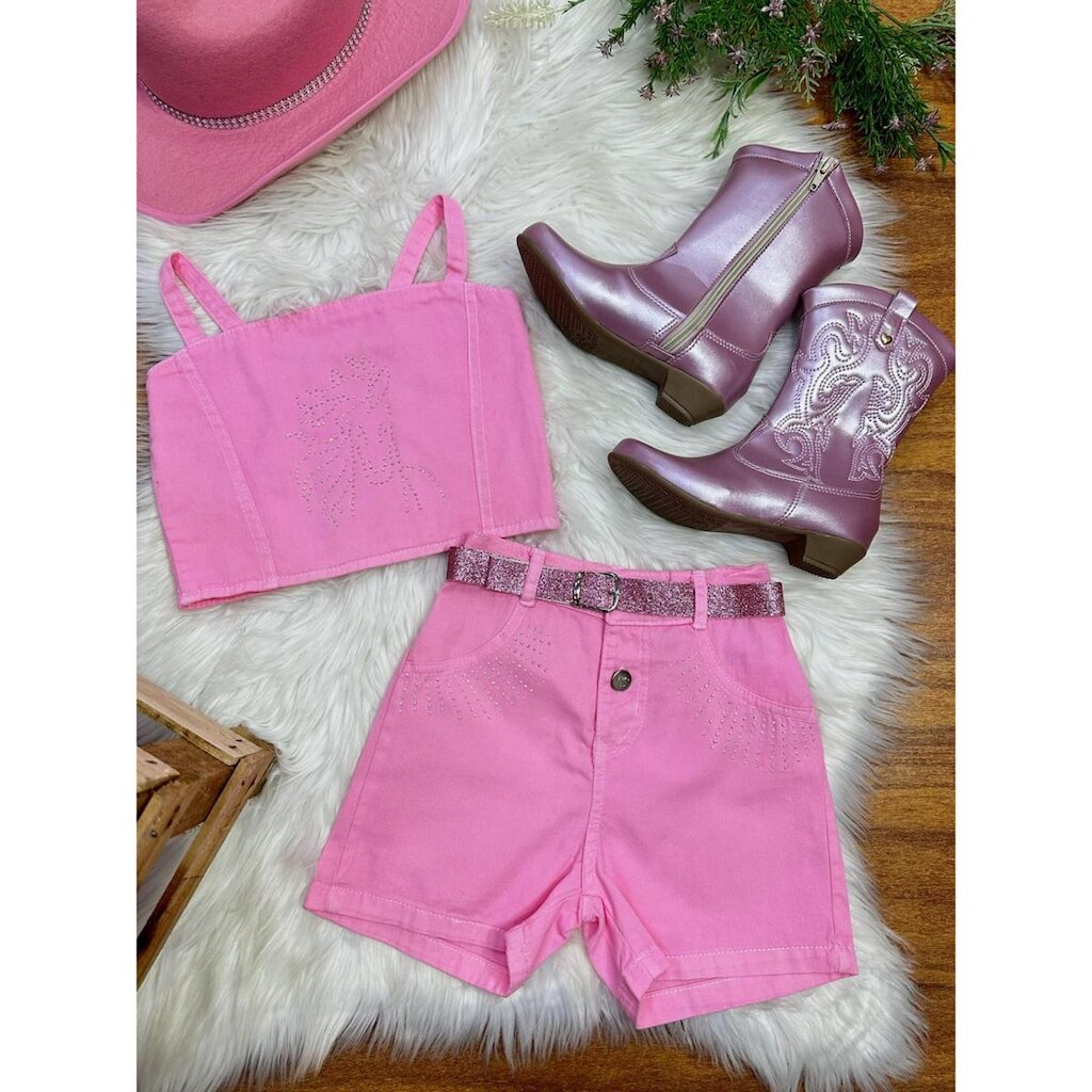Conjunto Infantil Blusa e Short Sarja Rosa Casual