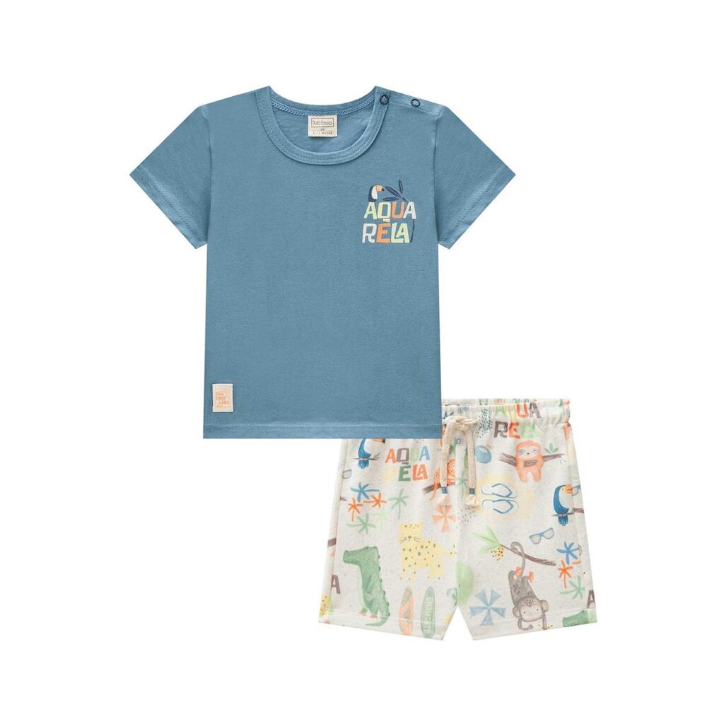 Conjunto Infantil Camiseta Azul e Bermuda Floresta Luc.boo