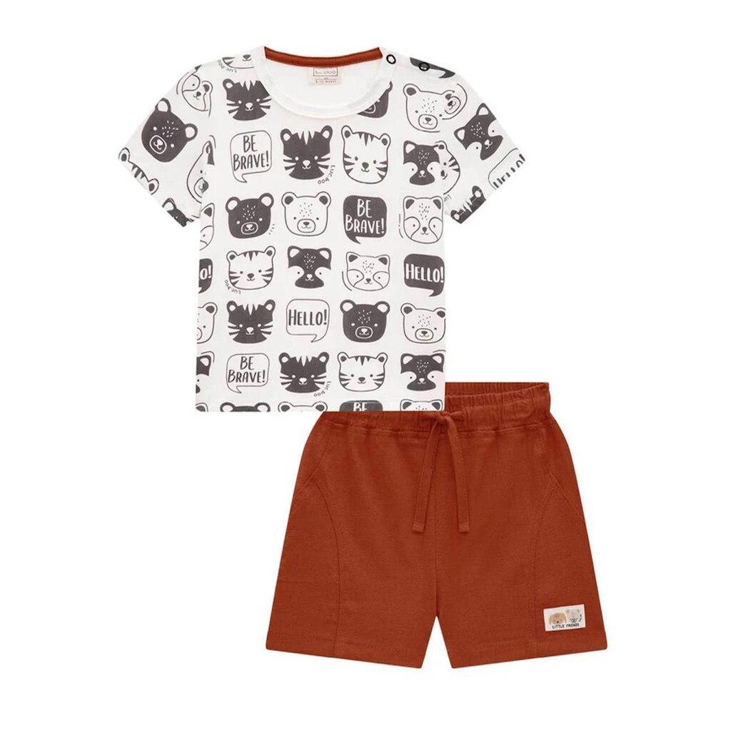 Conjunto Infantil Camiseta/Bermuda Linho Marrom Luc.boo
