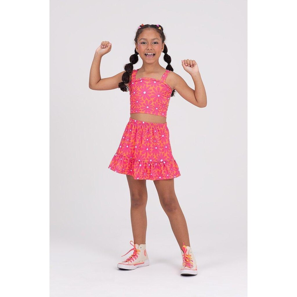 Conjunto Infantil Cropped Saia Florido Verde