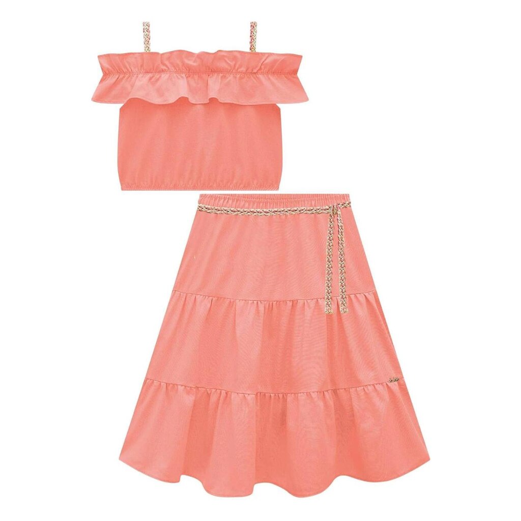 Conjunto Infantil de Blusa Boxy e Saia Midi em Linho Kukiê