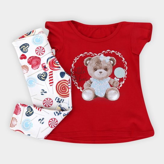 Conjunto Infantil Elian Blusa Malha + Calça Cotton Feminino - Vermelho Escuro