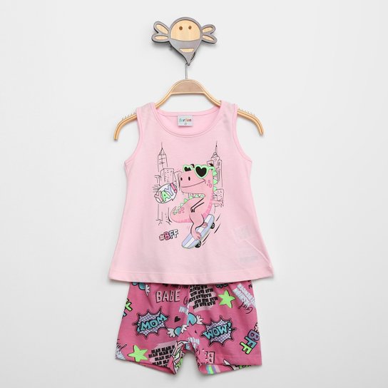 Conjunto Infantil Fakini Dino Regata + Short Menina - Rosa Menor preço em Conjunto Infantil Fakini Dino Regata + Short Menina - Rosa