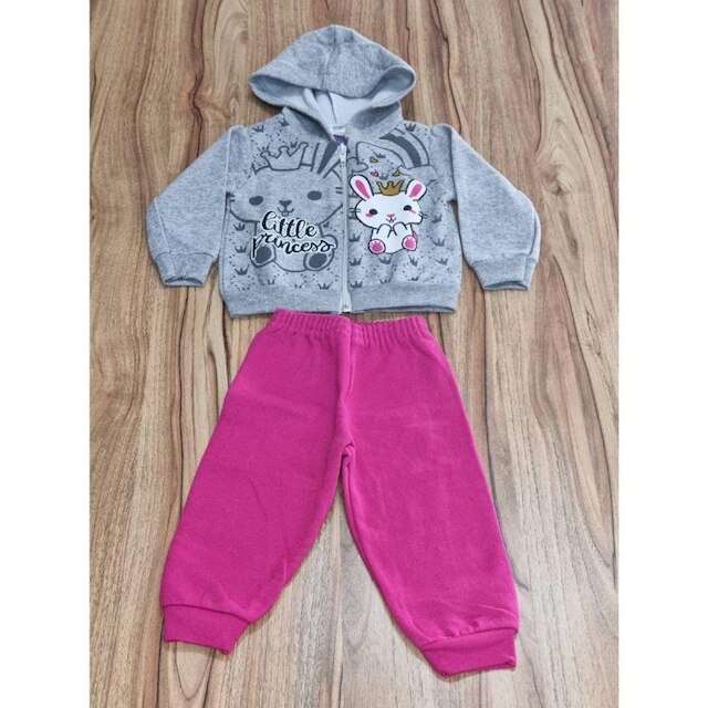Conjunto Infantil Feminino Inverno Com Capuz Coelho Cinza P/M