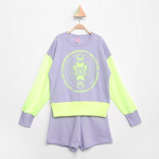 Conjunto Infantil For Girl Moletom Peluciado Detalhe Neon Blusa + Short Feminino - Lilás Menor preço em Conjunto Infantil For Girl Moletom Peluciado Detalhe Neon Blusa + Short Feminino - Lilás