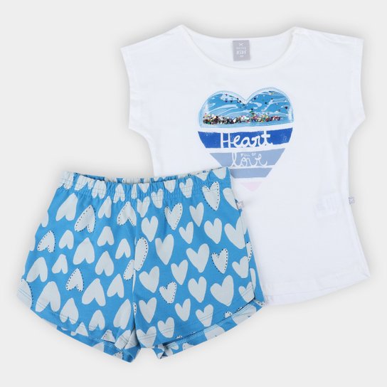 Conjunto Infantil Hering Camiseta Corações + Short Feminino - Azul Menor preço em Conjunto Infantil Hering Camiseta Corações + Short Feminino - Azul