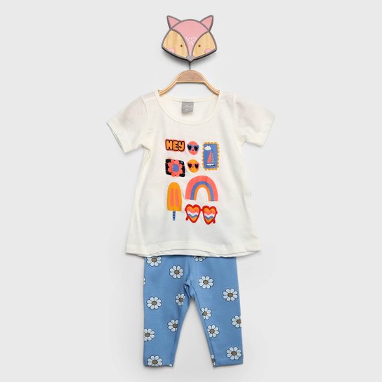Conjunto Infantil Hering Hey Camiseta + Calça Menina - Branco+Azul Claro Menor preço em Conjunto Infantil Hering Hey Camiseta + Calça Menina - Branco+Azul Claro