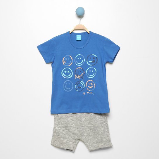 Conjunto Infantil Kamylus Camiseta + Bermuda Moletinho Masculino - Azul Menor preço em Conjunto Infantil Kamylus Camiseta + Bermuda Moletinho Masculino - Azul