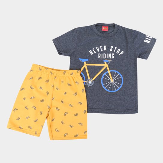 Conjunto Infantil Kyly Bermuda Moletom E Camiseta Never Stop Riding Masculino - Chumbo Menor preço em Conjunto Infantil Kyly Bermuda Moletom E Camiseta Never Stop Riding Masculino - Chumbo