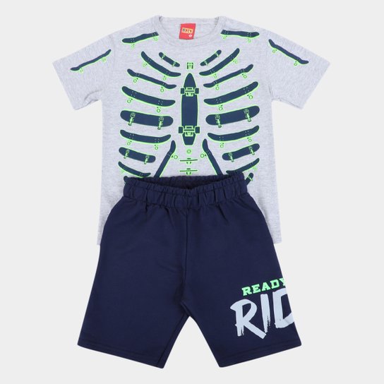 Conjunto Infantil Kyly Caveira Camiseta + Bermuda Moletom Masculino - Mescla Menor preço em Conjunto Infantil Kyly Caveira Camiseta + Bermuda Moletom Masculino - Mescla