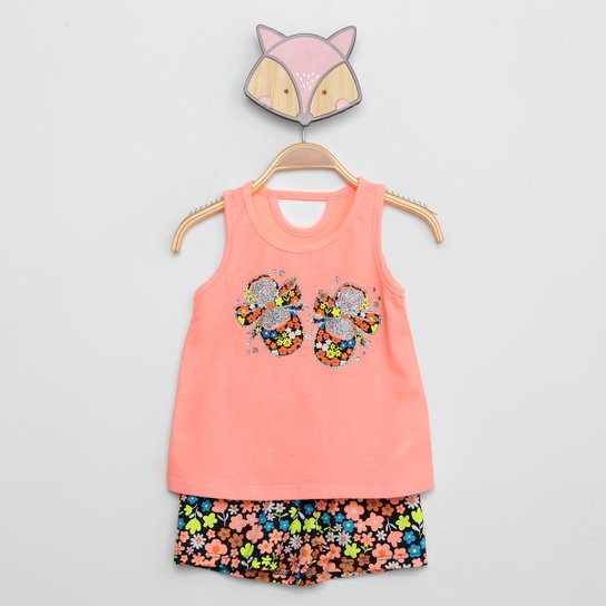 Conjunto Infantil Kyly Estampado Regata + Short Menina - Rosa Menor preço em Conjunto Infantil Kyly Estampado Regata + Short Menina - Rosa
