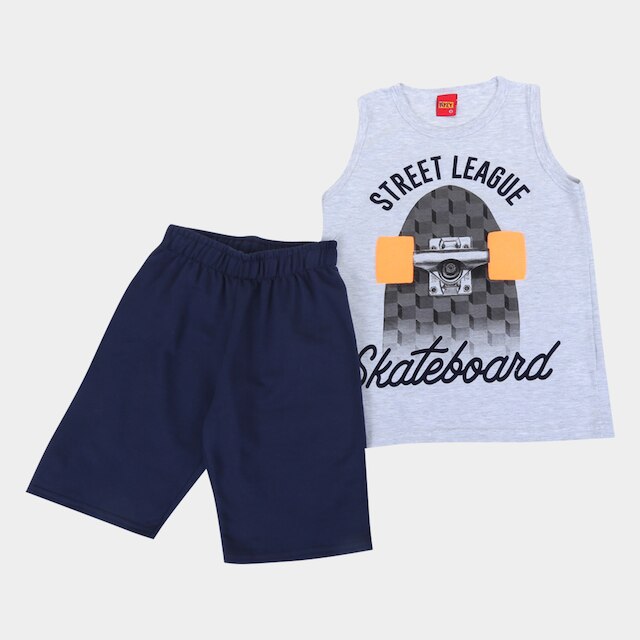 Menor preço em Conjunto Infantil Kyly Regata E Bermuda Moletom Skateboard Masculino - Mescla