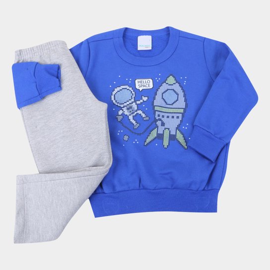 Conjunto Infantil Malwee Moletom Peluciado Estampado Masculino - Azul Menor preço em Conjunto Infantil Malwee Moletom Peluciado Estampado Masculino - Azul