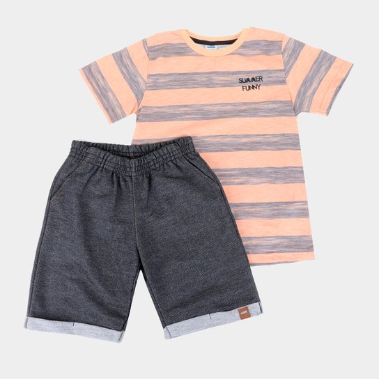 Conjunto Infantil Marlan Camiseta Listrada + Bermuda Malha Jeans Masculino - Laranja Menor preço em Conjunto Infantil Marlan Camiseta Listrada + Bermuda Malha Jeans Masculino - Laranja