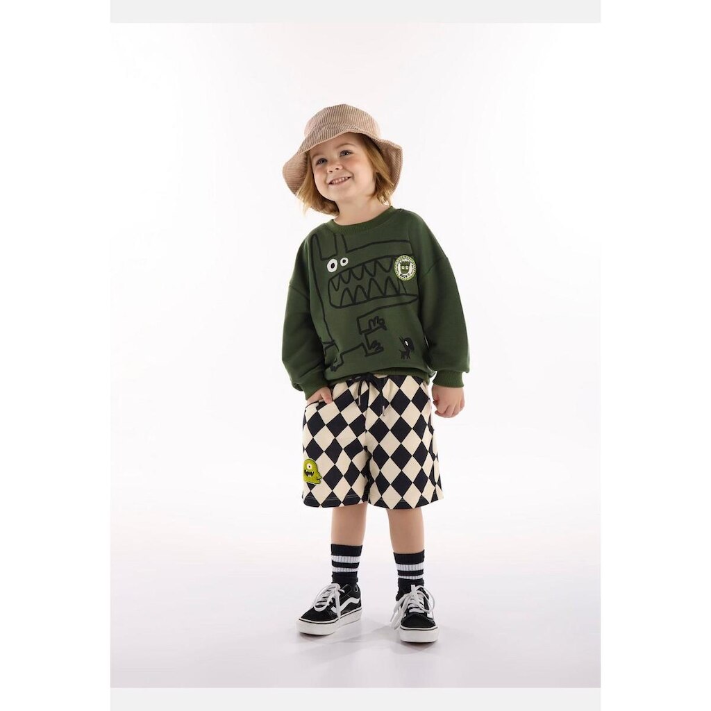 Conjunto Infantil Masculino com Blusão e Bermuda de Monstrinho Três e Já