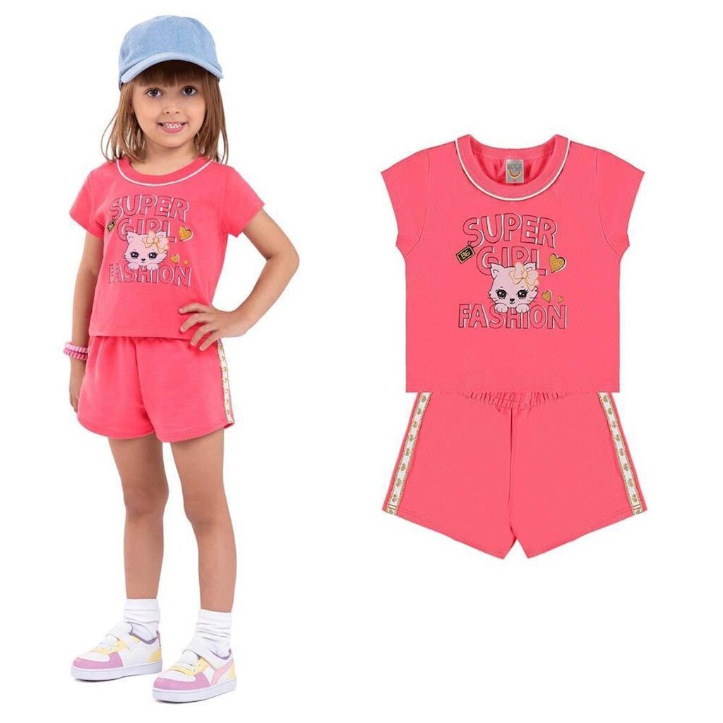 Conjunto Infantil Menina Cropped E Short Gatinha Boca Grande