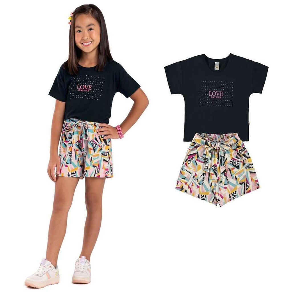 Conjunto Infantil Menina Cropped Love E Short Boca Grande