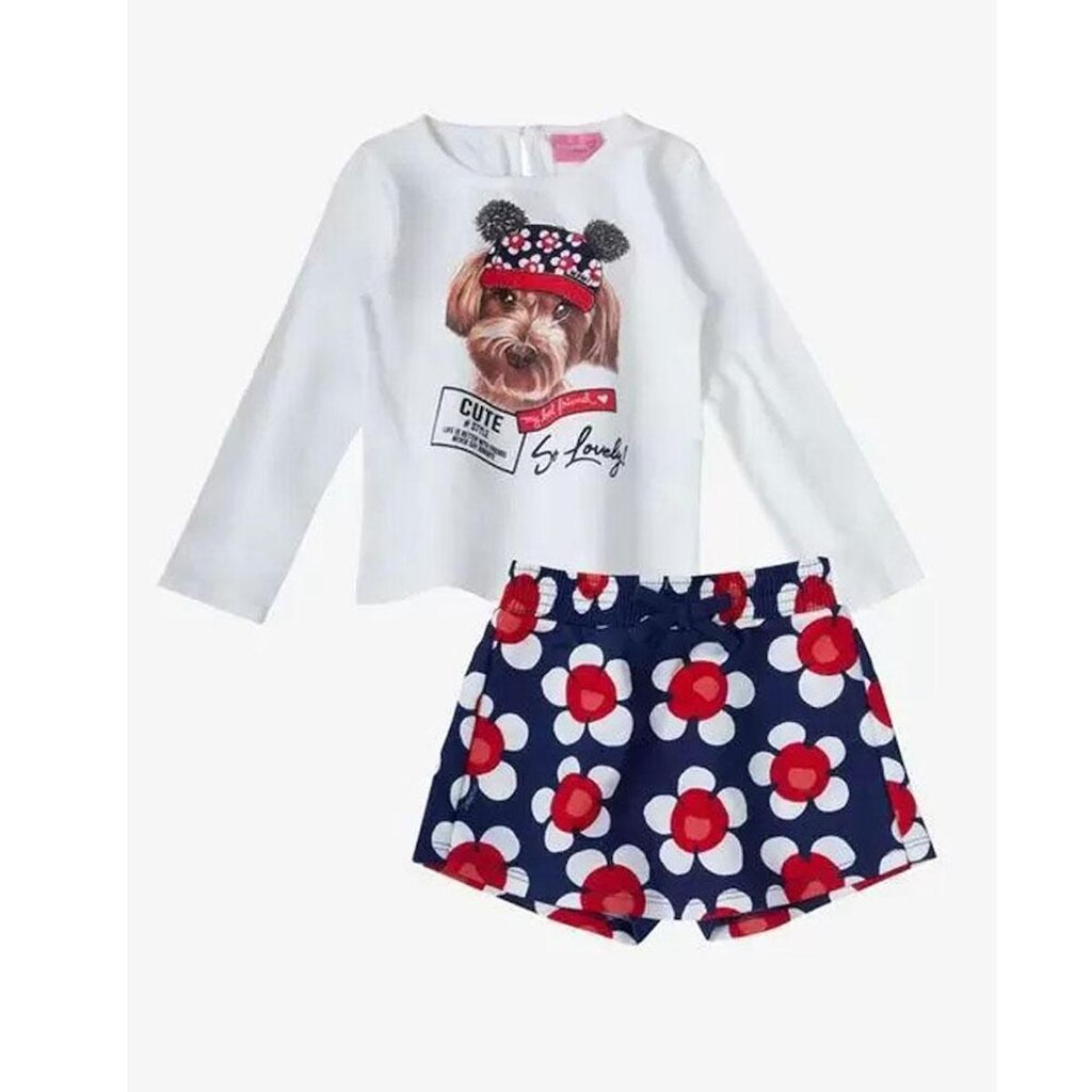 Conjunto Infantil Menina Floral Branco e Azul - Momi