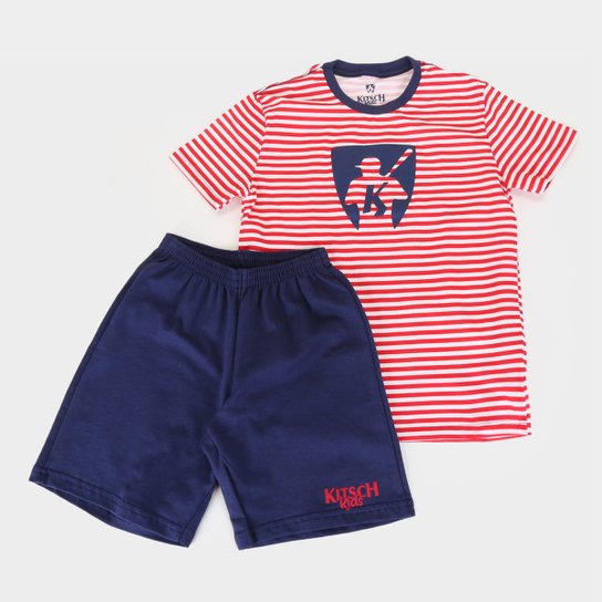Conjunto Infantil MR. Kitsch Camiseta Listrada + Short Liso Masculino - Vermelho+Marinho Menor preço em Conjunto Infantil MR. Kitsch Camiseta Listrada + Short Liso Masculino - Vermelho+Marinho