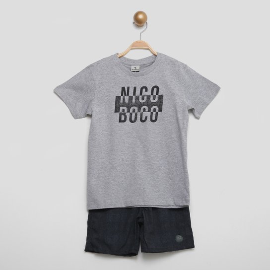 Conjunto Infantil Nicoboco Camiseta+ Shorts Marcie Masculino - Grafite+Preto Menor preço em Conjunto Infantil Nicoboco Camiseta+ Shorts Marcie Masculino - Grafite+Preto