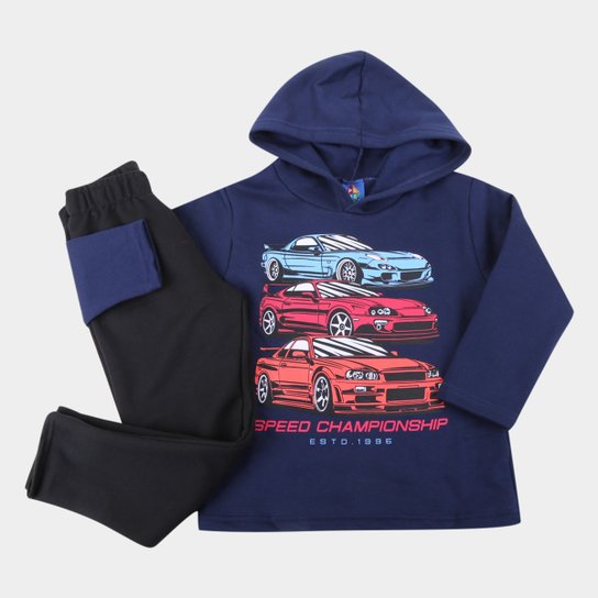 Conjunto Infantil Pipa Carros Capuz Masculino - Marinho