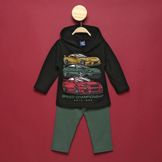 Conjunto Infantil Pipa Carros Com Capuz Masculino - Preto Menor preço em Conjunto Infantil Pipa Carros Com Capuz Masculino - Preto