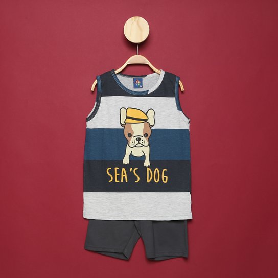 Conjunto Infantil Pipa Dog Regata + Bermuda Masculino - Mescla Menor preço em Conjunto Infantil Pipa Dog Regata + Bermuda Masculino - Mescla