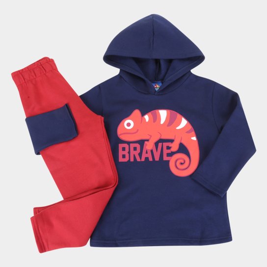 Conjunto Infantil Pipa Estampado Com Capuz Masculino - Marinho Menor preço em Conjunto Infantil Pipa Estampado Com Capuz Masculino - Marinho