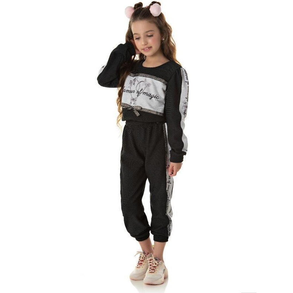 Conjunto Infantil Suéter Cropped e Jogger Preto Tam 4 a 12 - Pic Nic