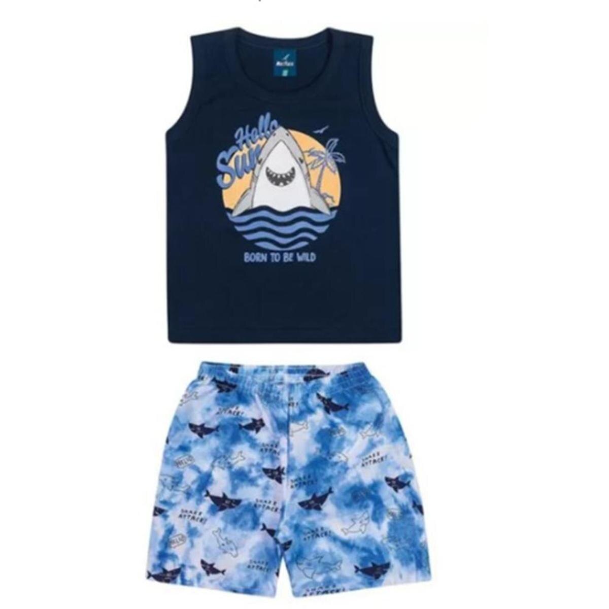 Conjunto Infantil Tubarão Meia Malha e Bermuda de Tactel Romitex Menor preço em Conjunto Infantil Tubarão Meia Malha e Bermuda de Tactel Romitex