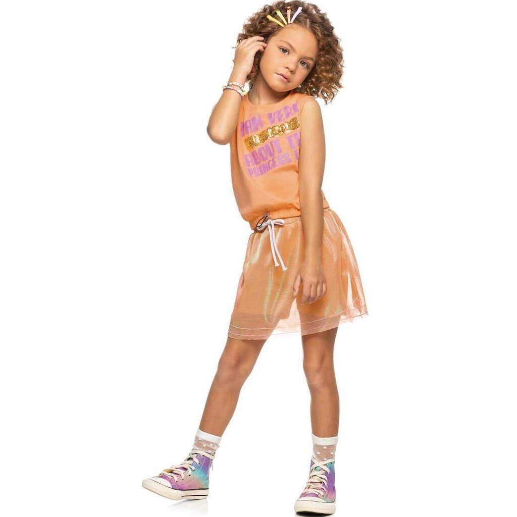 Conjunto Infantil Verão Regata e Saia Texturizada Com Short 2 peças Tam 4 a 14 - Angerô