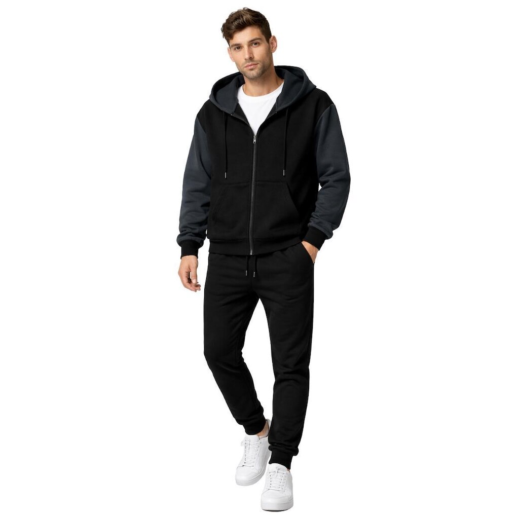Conjunto Jaqueta Masculina com Zíper Capuz + Calça Moletom Casual Confortável Inverno