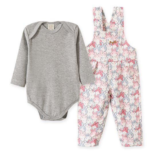 Conjunto Jardineira Bebê Pingo Lelê Coelhinho + Body Feminino - Rosa+Cinza Menor preço em Conjunto Jardineira Bebê Pingo Lelê Coelhinho + Body Feminino - Rosa+Cinza