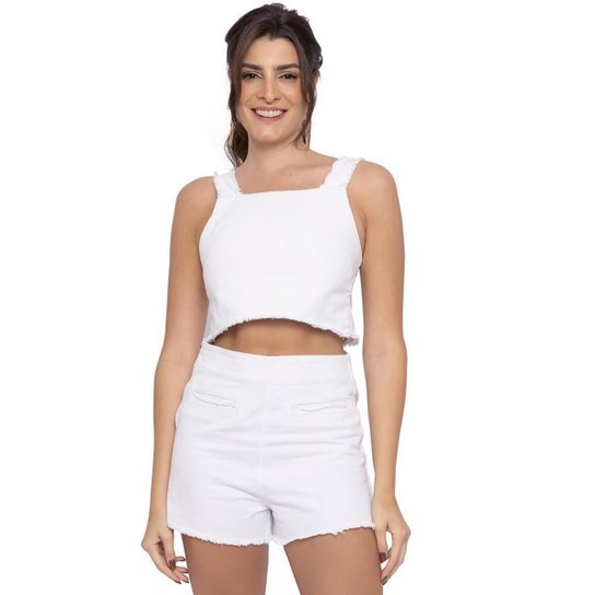 Conjunto Jeans Feminino Cropped E Short Bolso Falso Branco