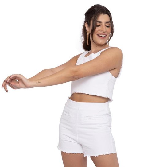 Conjunto Jeans Feminino Cropped E Short Bolso Falso Branco